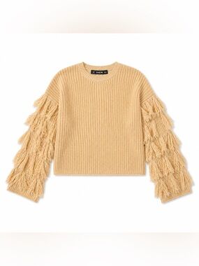NWOT SHEIN Tan Fringe Trim Knit Sweater